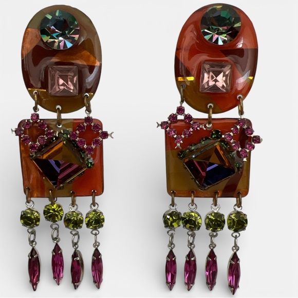 Vintage Earrings clip 70s multicolor gems statement articulating charms dangling - Picture 3 of 10